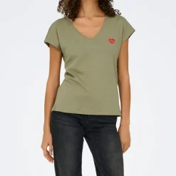 Online Tee shirt manches courtes col V bouche coeur brodé onlamber Femme Femme Haut, Chemise|Tee Shirt