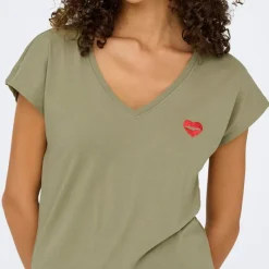 Online Tee shirt manches courtes col V bouche coeur brodé onlamber Femme Femme Haut, Chemise|Tee Shirt