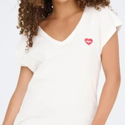 Online Tee shirt manches courtes col V bouche coeur brodé onlamber Femme Femme Tee Shirt|Haut, Chemise