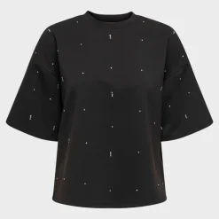 Online Tee shirt col rond manches 3/4 avec strass blancs Femme Femme Haut, Chemise|Tee Shirt