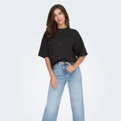 Online Tee shirt col rond manches 3/4 avec strass blancs Femme Femme Haut, Chemise|Tee Shirt