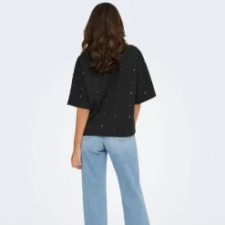 Online Tee shirt col rond manches 3/4 avec strass blancs Femme Femme Haut, Chemise|Tee Shirt