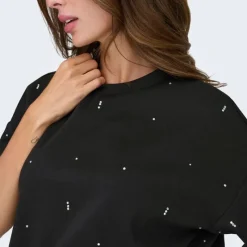 Online Tee shirt col rond manches 3/4 avec strass blancs Femme Femme Haut, Chemise|Tee Shirt