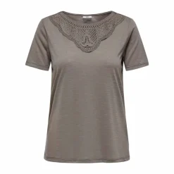 Sale Top manches courtes col rond détail dentelle uni Femme Femme Haut, Chemise