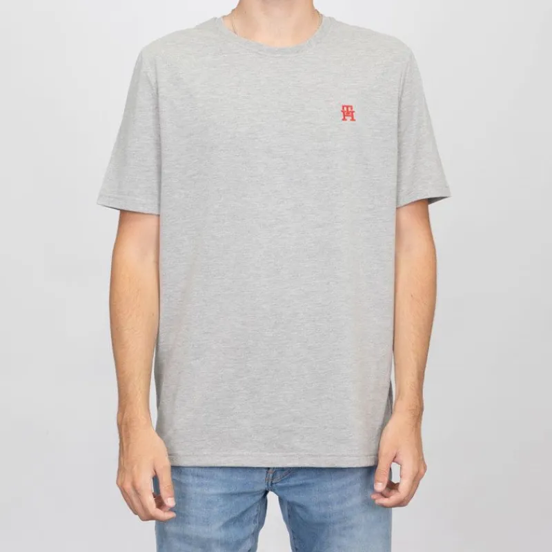 Sale T-shirt gris chiné coton avec logo brodé rouge Homme Homme Tee Shirt