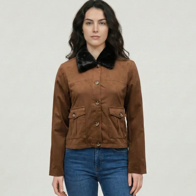 New Veste courte barkhane avec col fausse fourrure Femme Femme Veste, Doudoune, Manteau