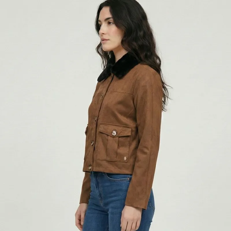New Veste courte barkhane avec col fausse fourrure Femme Femme Veste, Doudoune, Manteau