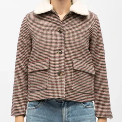 Discount Veste courte à carreaux nattie col moutonné Femme Femme Veste, Doudoune, Manteau