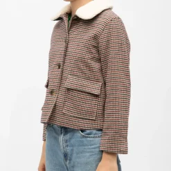 Discount Veste courte à carreaux nattie col moutonné Femme Femme Veste, Doudoune, Manteau
