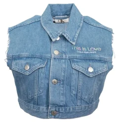 Best Veste crop top sans manches jean "This is Love" Femme Femme Veste, Doudoune, Manteau