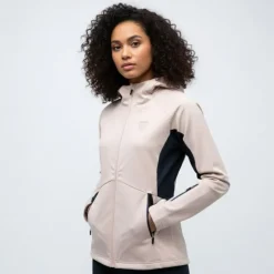 Sale Veste rose poudrée softshell ajustée à capuche poches zippées noires Femme Femme Veste, Doudoune, Manteau